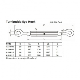 Tensioner for guy rope with hook and eyelet diameter 10 to 16 mm