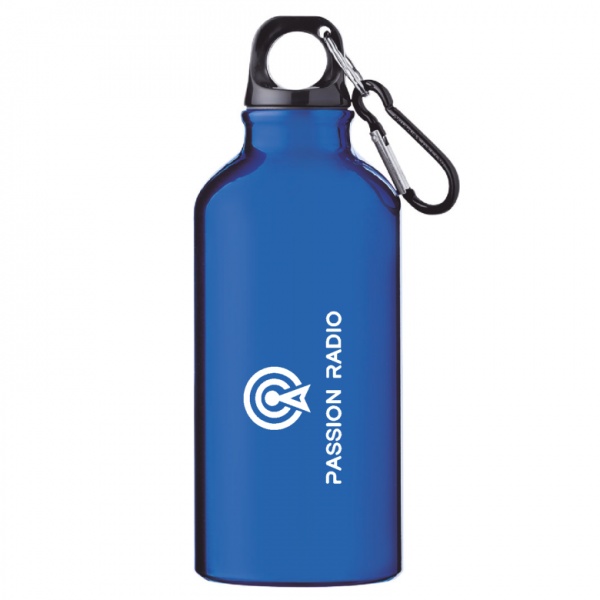 PASSION RADIO blue metal water bottle with snap hook