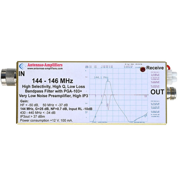 Very low-loss 2m +25dB preamplifier with 144-146MHz bandpass filter